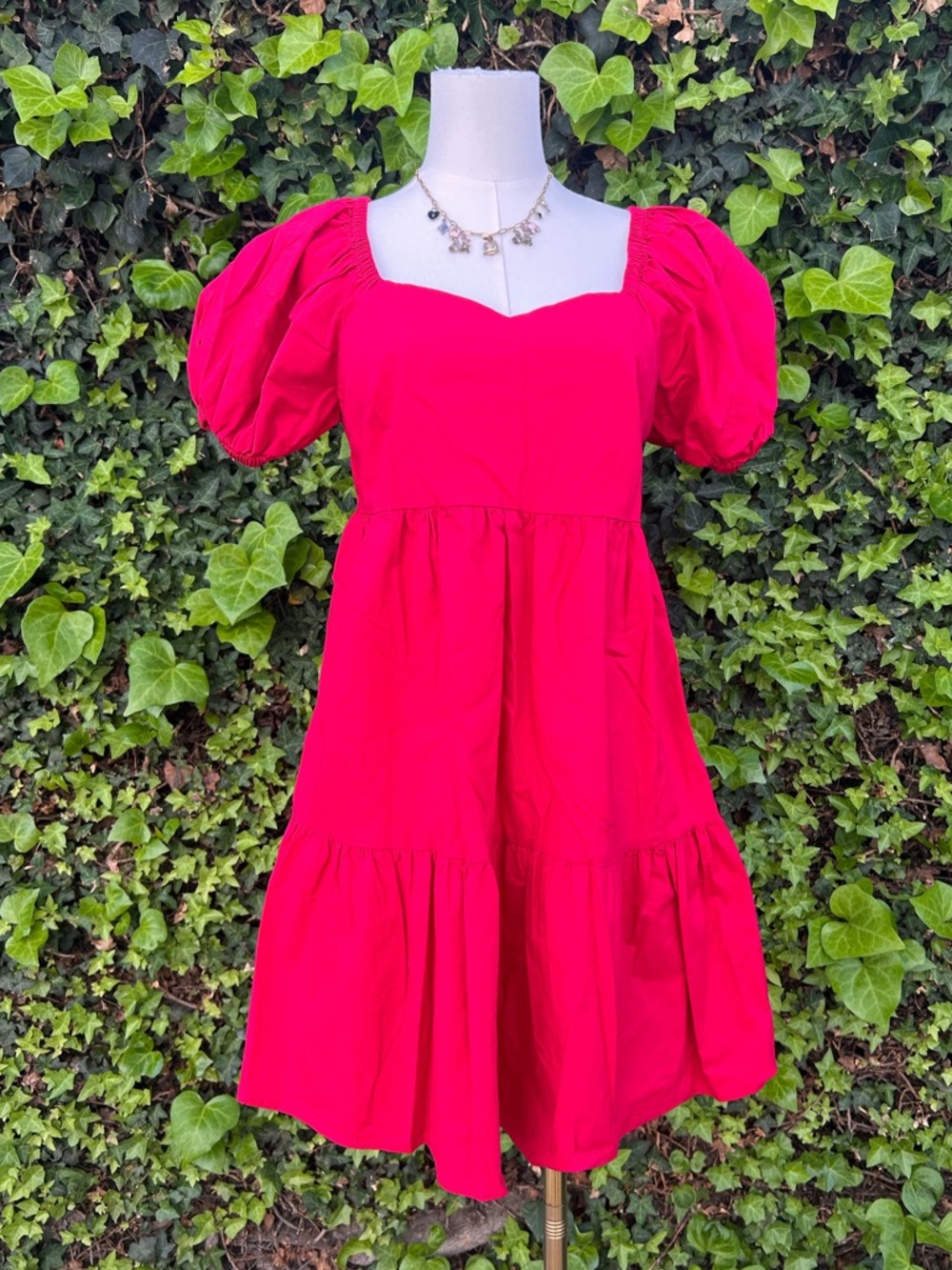 And Now This Red Mini Dress Sweetheart Neckline Puff Sleeve Cotton Fall Coquette